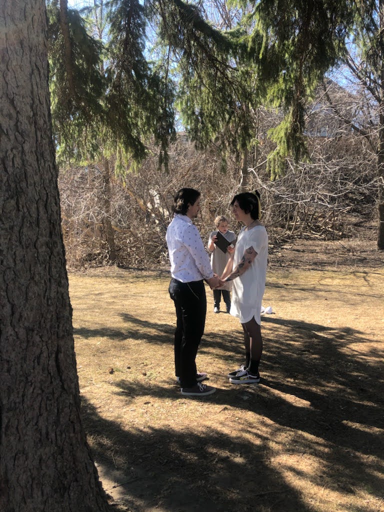 Wedding couple facing each other , holding hands in a park setting near a tree